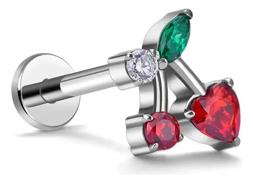 Piercing Labret Cereza Acero Zirconia Engarzada Ride Club Plateado